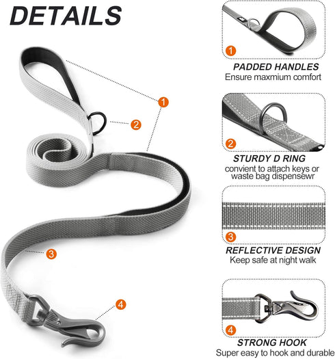 TwoEar 5FT 1IN Strong Gray Dog Leash - 2 Padded Handles, Traffic Handle for Extra Control, Reflective Walking Lead