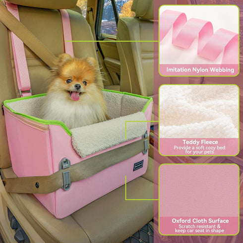 PETSFIT Small Dog Car Seat, Portable Booster Seat with Clip-On Leash, Adjustable Straps for Pets Up to 25lbs (Pink)
