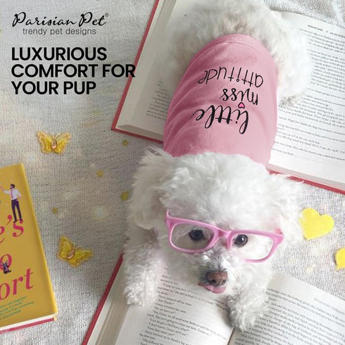 Parisian Pet Dog Tshirt, Embroidered “Little Miss Attitude” Tank Top, 100% Cotton, Pink Tee, M