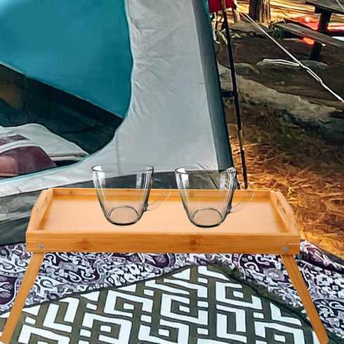 Happyyami Small Folding Table Portable Wood Bed Desk Adjustable Wear-Resistant Camping Side Table for Outdoor Hiking