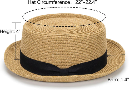 Pork Pie Hat for Men and Women, Classic Khaki Boater Derby Sun Hat with Grosgrain Band