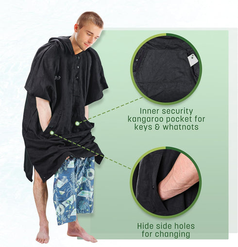 Swimming, Catalonia Hooded Surf Poncho, Changing Robe for Surfing Quick Dry Swim Pool Towel for Men Women, Black