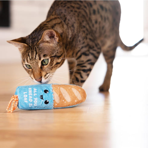 Catstages Loaf Kicker Toy with Catnip and Dental Mesh, Bread Shape, Plush and Ribbon Cat Toy for Kicking, Tossing
