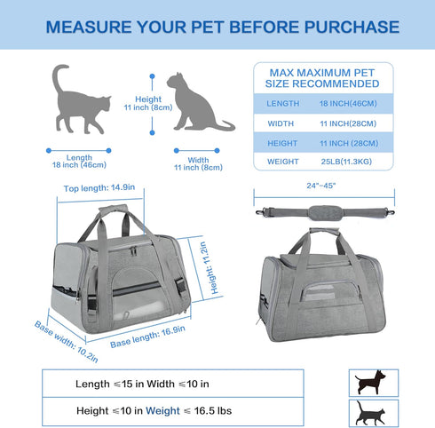 17.0" 10.0" 11.0" FluffyDream Pet Travel Carrier Soft Sided Portable Bag for Cats, Small Dogs, Kittens or Puppies