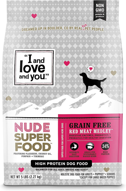 I and love and you Nude Super Food Dry Dog Food, Red Meat Medley, Grain Free, Prebiotic + Probiotic, 5lb Bag