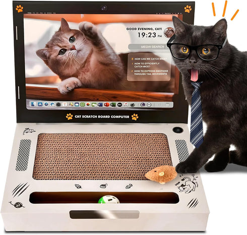 Cardboard Scratching Laptop for Cats - 3-in-1 Durable Corrugated Cat Scratcher with Toy Plush Fluffy Mouse & Bell Ball