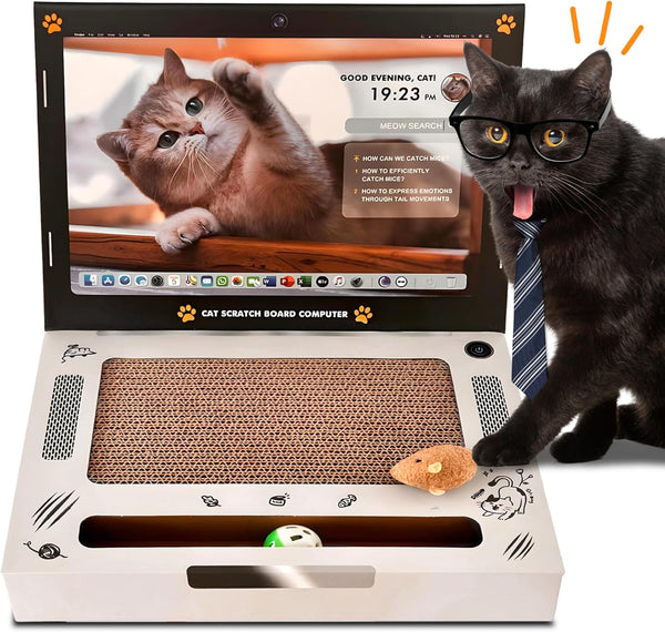 Cardboard Scratching Laptop for Cats - 3-in-1 Durable Corrugated Cat Scratcher with Toy Plush Fluffy Mouse & Bell Ball
