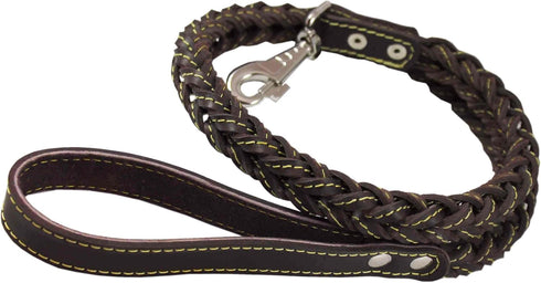4-Thong Square Fully Braided Genuine Leather Dog Leash, 3.5 ft Length, 1" Wide, Brown for Large to X-Large Dogs