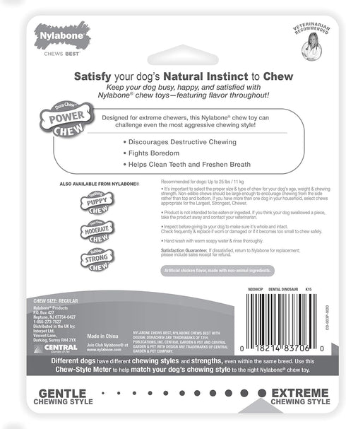 25 lbs, 1 Count Nylabone Dental Dinosaur Power Chew Toy for Dogs, Dog Toys for Aggressive Chewers, Chicken Flavor