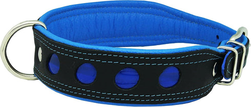 Dogs My Love Real Leather Soft Padded Reflective Dog Collar (18.25"-20.75" Neck; 1.75" Wide, Black/Blue)