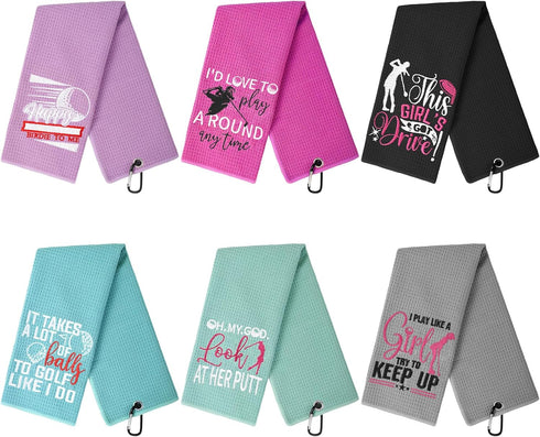 Hosuly 6 Pcs Embroidered Funny Golf Towel with Clip, Golf Gifts for Women, Mom, Wife, Girlfriend, 6 Colors