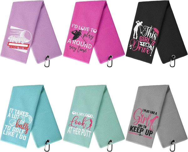 Hosuly 6 Pcs Embroidered Funny Golf Towel with Clip, Golf Gifts for Women, Mom, Wife, Girlfriend, 6 Colors