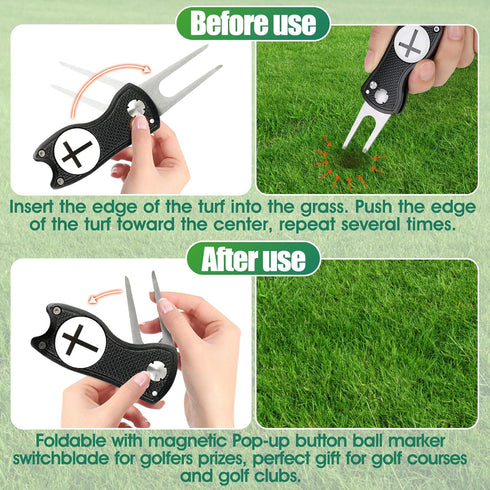 Golf Divot Repair Tool with Magnetic Ball Marker - Stainless Steel Foldable Divot Tool & Golf Divot Tool Featuring