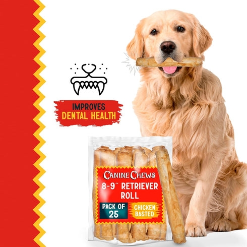 8-9" (25 Pack) Canine Chews Chicken Basted Dog Rawhide Retriever Rolls - USA-Sourced Chicken Basted Dog Chews - Healthy