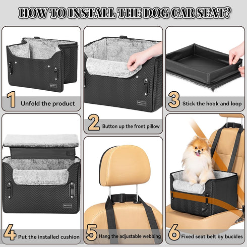 25 lbs PETSFIT Small Dog Car Seat, Waterproof PU Leather Dog Carseat with Patent Safe Buckles, Clip-On Leash, Car Seat