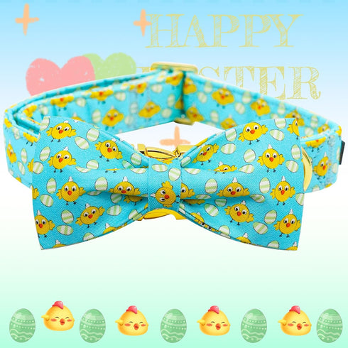 Elegant Little Tail Easter Day Dog Collar with Bow, Chicken Eggs Print, Adjustable for Small Dogs