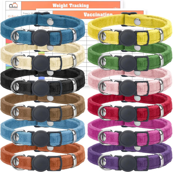GAMUDA Puppy Collars, Super Soft Velvet Adjustable Breakaway ID Collars for Pups, Assorted Colors, 12 Pcs, M
