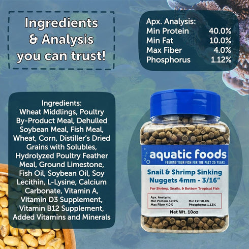 Aquatic Foods Inc. 4mm-3/16 40% Fish...4-lbs 12oz Snail & Shrimp Sinking Protein Nuggets for Snails, Shrimp, Axolotl