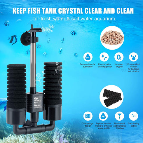 2 1 AQQA Aquarium Sponge Filter, Power Driven Double Biochemical Water Filter, Quiet Submersible Foam Filter with Extra