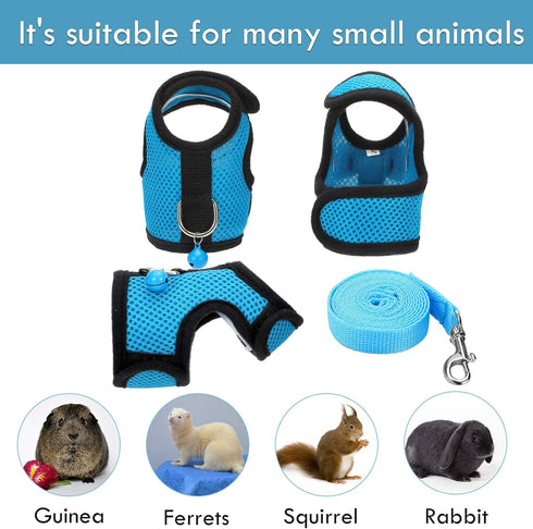 SATINIOR 2 Pieces Guinea Pig Clothes, Soft Mesh Harness Leash Vest Set with Bell for Small Animals (Blue, Black, S)