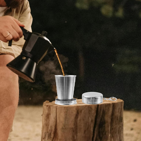 MY MIRONEY 2PCS Telescopic Stainless Steel Collapsible Cup, Portable Folding Shot Glass with Keychain and Lid (2.5 Oz)