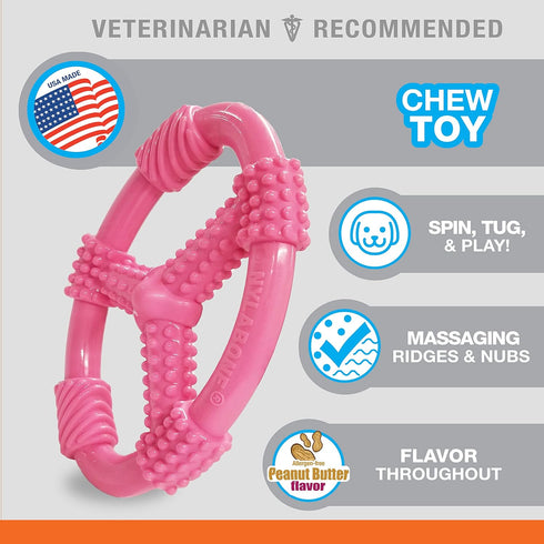 Nylabone Spin Tug & Play Pink Puppy Chew Toy for Teething, Peanut Butter Flavor, Medium/Wolf (1 Count)