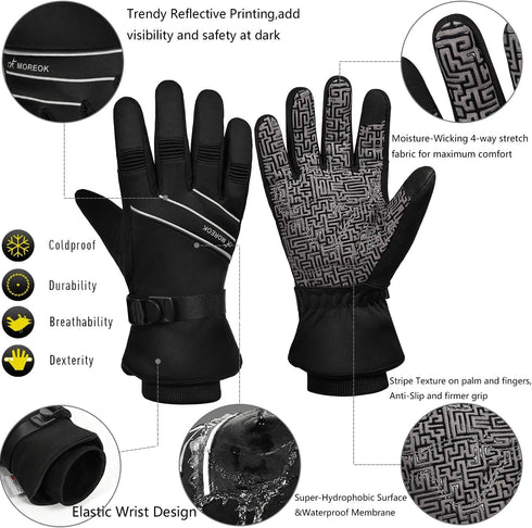 MOREOK 3M Thinsulate Winter Gloves MK020F, One Pair (Black-Small) & Unisex Beanie Hats, One Pack