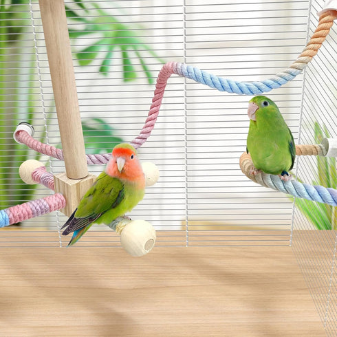 Set BNOSDM Bird Rope Perch with Stand Perch Toy Bendable Rope Perches Wooden Spinning Exercise Wheel Toy Parrot Cage