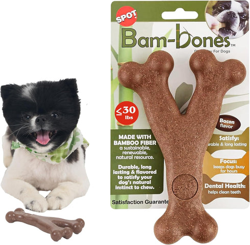 SPOT Bam-Bones Wishbone Dog Chew - Durable Bamboo Fiber Toy for Light to Moderate Chewers, 5.25in, Bacon Flavor