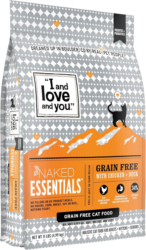 Naked Essentials Dry Cat Food by I and love and you, Chicken + Duck, Grain Free, 11lb Bag, Real Meat