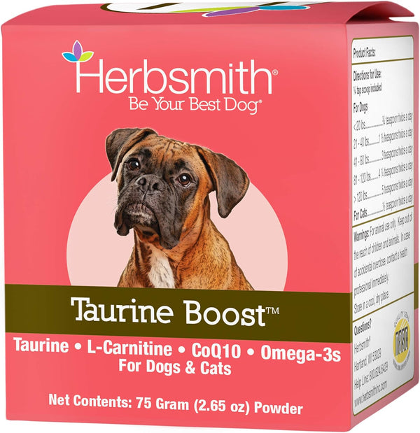 Herbsmith Taurine Boost Supplement for Dogs and Cats - Cardiac Support with CoQ10, Taurine, L-Carnitine - 75g
