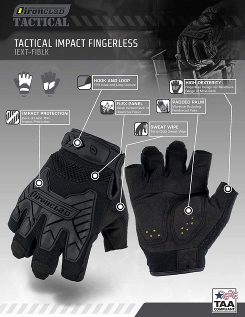 Ironclad Tactical Fingerless Impact Gloves, Black, XX-Large