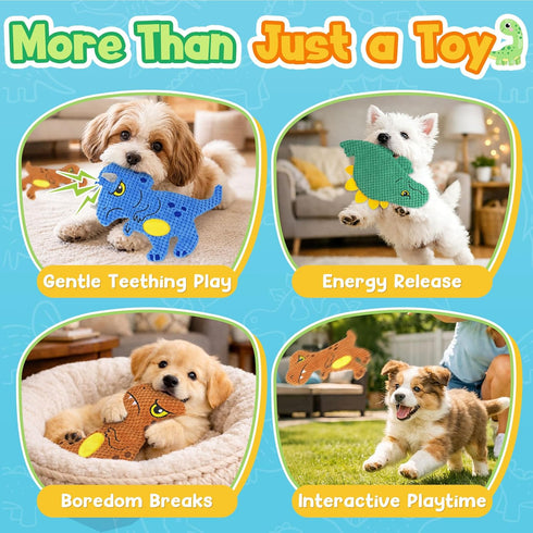 3-Pack KIPRITII Dinosaur No-Stuffing Dog Squeaky Toys to Keep Dogs Busy, Puppy Toys for Interactive Play & Boredom