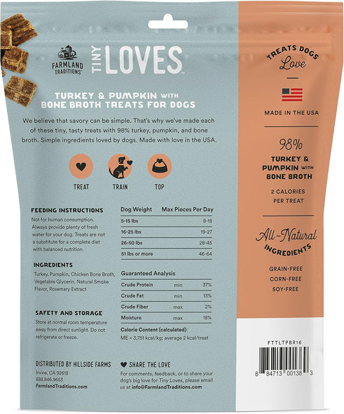 Farmland Traditions Tiny Loves Jerky Trainer Treats for Dogs w/Bone Broth (Turkey & Pumpkin, 16 oz.)