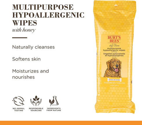 Burt's Bees for Pets Multipurpose Dog Wipes, 50ct - Hypoallergenic Cleaning Wipes with Honey, 98% Natural Origin