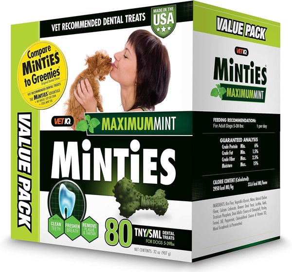 VetIQ Minties Dog Dental Bone Treats - Dental Chews for Tiny/Small Dogs under 40 lbs, 80 Treats