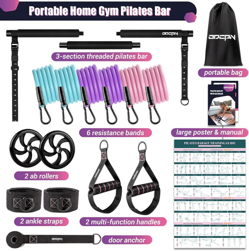 Pilates Bar Kit with Resistance Bands, Multifunctional Exercise Bar with Ab Roller for Weight Loss, Portable Home Gym