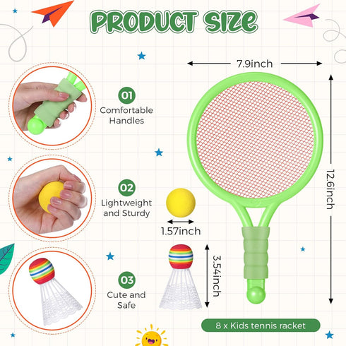 Wettarn 8 Pcs Plastic Kids Tennis Racket Set with 4 Tennis Balls and 4 Shuttlecocks for Outdoor Sports Gifts