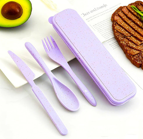 ZQtyf Set 5 Sets Set, (5 Travel Utensils - Reusable Wheat Straw Plastic Cutlery with Case, Portable Forks Spoons