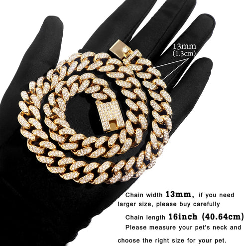 Gold Cuban Link Dog Collar, Metal Chain Diamond Pet Collars for Dogs and Cats, Jewelry 8/10/14/16/18/20/24/28 Inch
