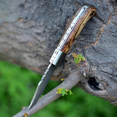 Handmade Damascus Pocket Knife, 6.5 Inches Folding Knife with Sheath, Brown, Best for EDC, Camping, Fishing