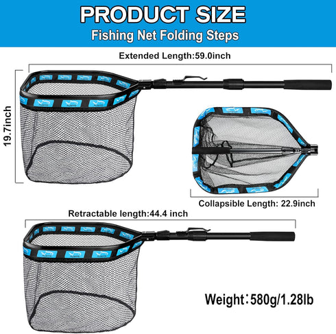 PLUSINNO Floating Fishing Net - Rubber Coated Landing Net for Easy Catch & Release - Compact & Foldable