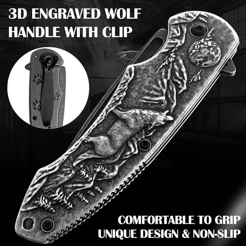 MADSABRE Wolf Pattern Folding Pocket Knife - Stone Washed Steel Handle, Liner Lock for Outdoor Camping and Hunting