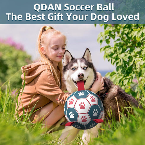 QDAN Extra Large Dog Toys, Soccer Ball with Straps, Interactive Tug of War Toy for Large Dogs - Blue & Red (9 Inch)