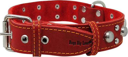 Red Real 1.5" Wide Thick Leather Studded Dog Collar, Fits 17"-21.5" Neck, Large Breeds
