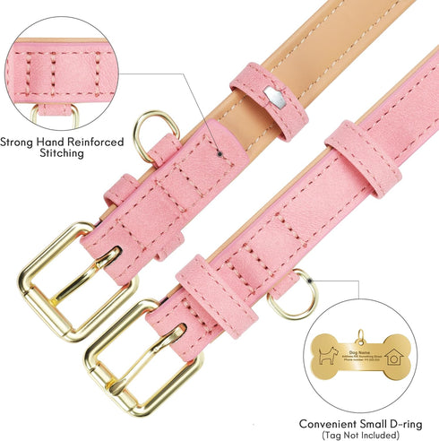 Soft Padded Leather Dog Collar for Small Medium Large Dogs, Durable & Comfortable with Heavy Duty Gold Buckle, Pink, S