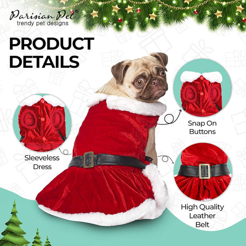 Parisian Pet Christmas Dress, Mrs. Santa Claus Dog Costume with Red Velvet Skirt for Large Dogs