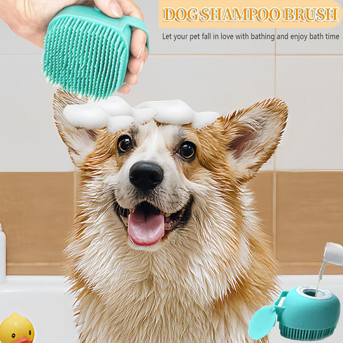 Pet Bath Scrubber Brush, Dog Grooming Massage Shampoo Brush with Soap Dispenser, Soft Silicone Bristle (Blue)