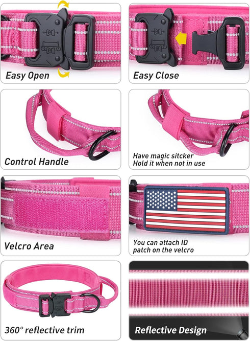 Reflective Tactical Dog Collar, Adjustable Military Nylon with Handle for Medium Large Dogs, Pink, XL