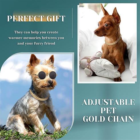 Xuniea 2 Pieces Cat Dog Chain Collar and Sunglasses Set - Rhinestone Collar with Secure Buckle, Gold, Black